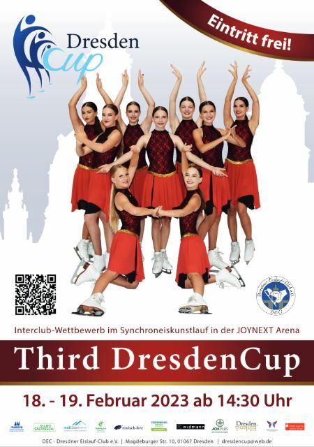 Plakat Synchroneiskunstlauf-Wettbewerb DresdenCup in der JOYNEXT Arena am 18. und 19. Februar: Nach Schnelligkeit kommt Eleganz beim Synchroneiskunstlauf-Wettbewerb