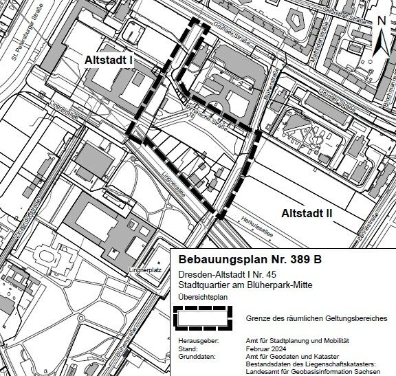Im Bild ist der Geltungsbereich mit den eingezeichneten Grenzen des Plangebietes dargestellt. Es befindet sich direkt an der Grunaer Straße und wird in südlicher Richtung von der Pirnaischen Straße und der Lingnerallee begrenzt.