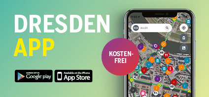 Links unten befinden sich die Icons für Play Store und App Store und daneben ein Screenshot der Dresden App.