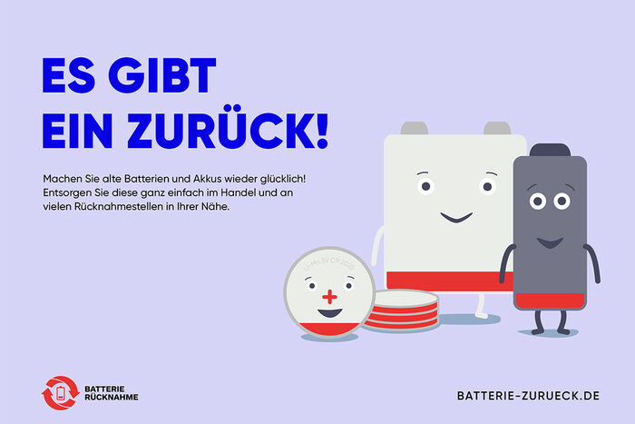 Grafik der Kampagne Batterie-Zurück mit Text "Es gibt ein Zurück! - Machen Sie alte Batterien und Akkus wieder glücklich!"