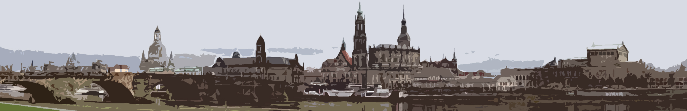 Blick auf Dresden vom Neustädter Elbufer aus. Augustusbrücke, Frauenkirche, Ständehaus, Georgentor, Hofkirche, Semperoper