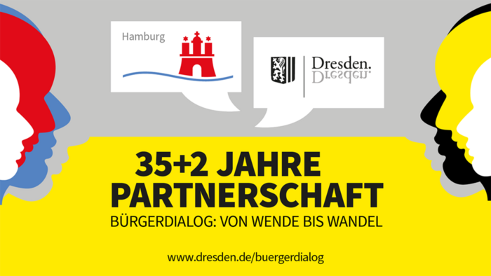 Grafik mit den Logos der Städte Hamburg und Dresden. Im Text steht: 35+2 Jahre Partnerschaft – Bürgerdialog: Von Wende bis Wandel