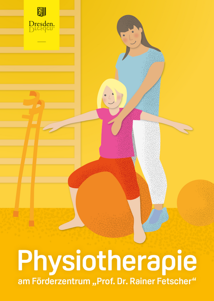 Grafik: ein Mädchen sitzt auf einem großen Ball und breitet die Arme aus. Dahinter steht eine Physiotherapeutin. An einer Sprossenwand im Hintergrund lehnen Gehhilfen.