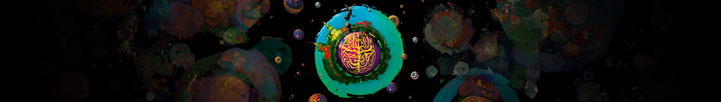 Artistic, colourful depiction of the Dresden silhouette with a stylised brain in the centre
