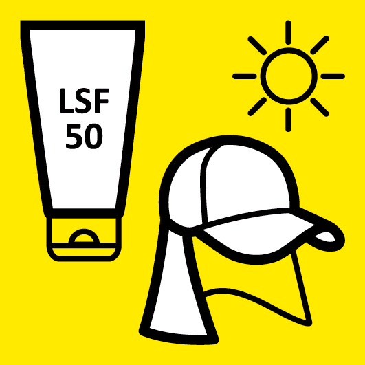Piktogramm - eine Tube Sonnenschutzcreme mit LSF 50, eine Basecap mit Nackenschutz, eine strahlende Sonne
