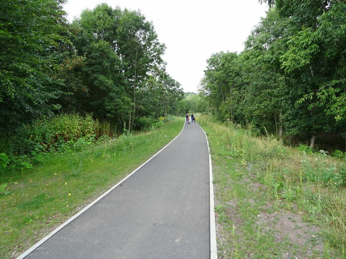 Weg zwischen Bäumen, am Ende Spaziergänger