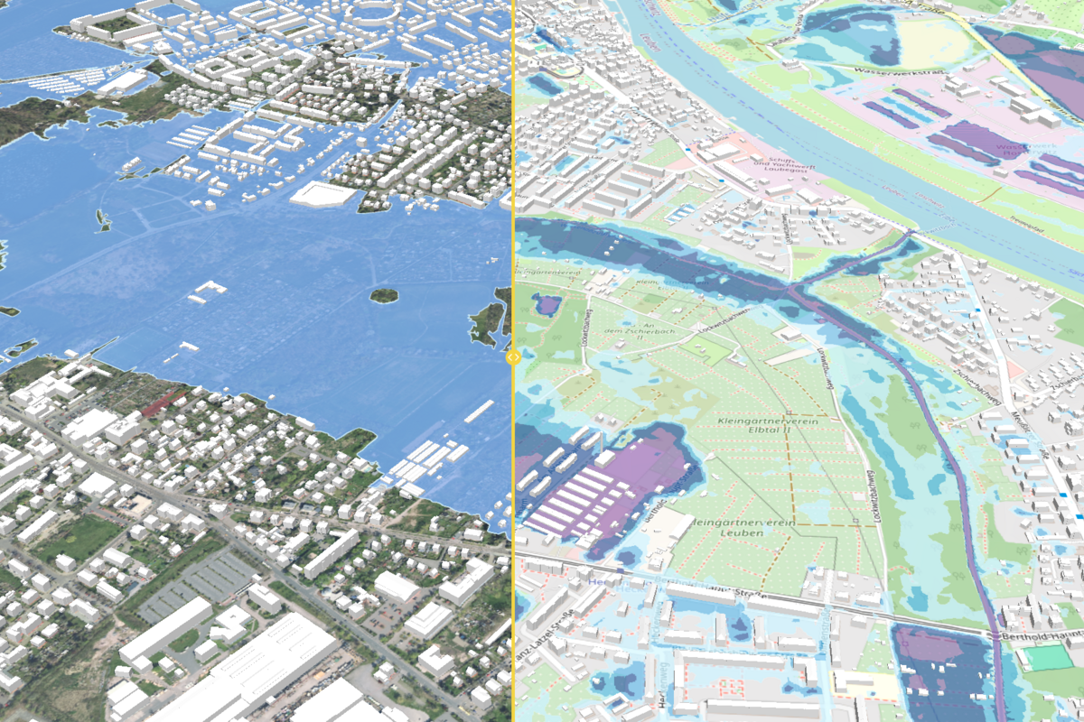 Vergleich betroffener Gebiete Elbe-Hochwasser HQ100 (links) und Extrem-Starkregenereignis (rechts)