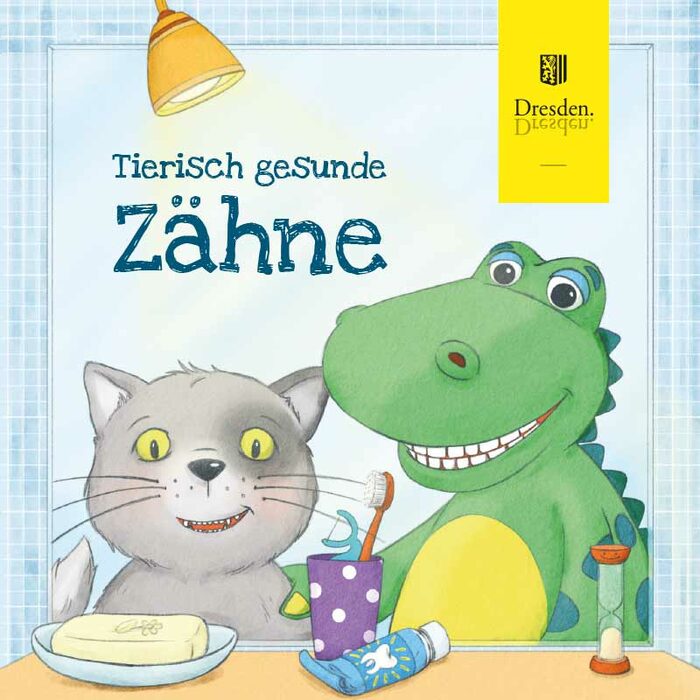 Kinderbuch mit einer Katze und einem Krokodil mit Zahnbürste auf dem Cover und dem Titel: Tierisch gesunde Zähne