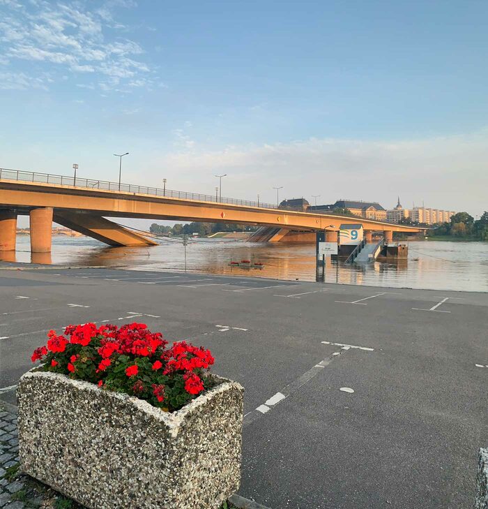 Brücke mit einem Teil, der im Wasser liegt und im Vordergrund ein Blumenkübel mit roten Blumen