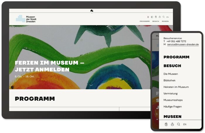 Screenshot der neuen Seite der Museen als Desktop und Mobilversion