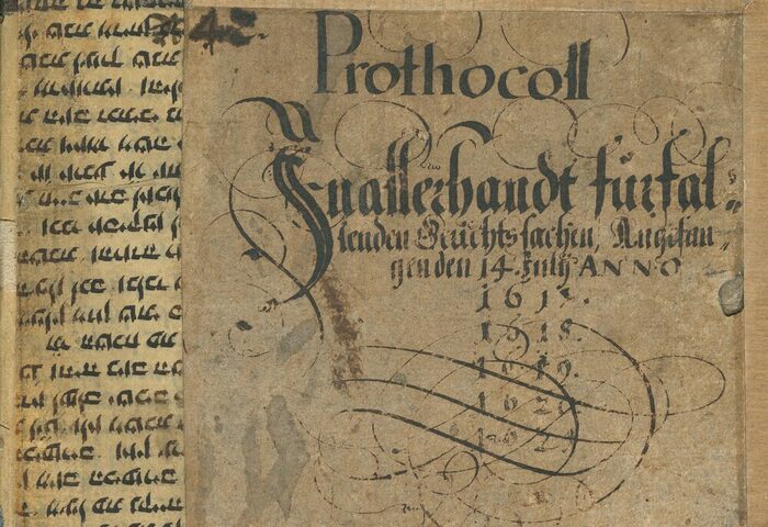 Fragment einer hebräischen Pergamenthandschrift des 13. Jahrhunderts als Einband für Gerichtsprotokolle der Jahre 1617-1621