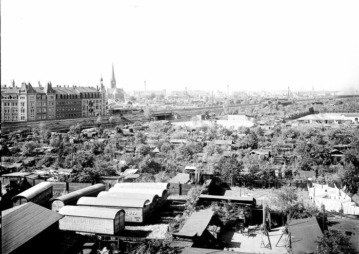 Blick von der Johann-Meyer-Straße auf die Gartenkolonie „Rudolphia“ an der Bahntrasse Gutschmidstraße mit Blick auf die Petri-Kirche um 1916.