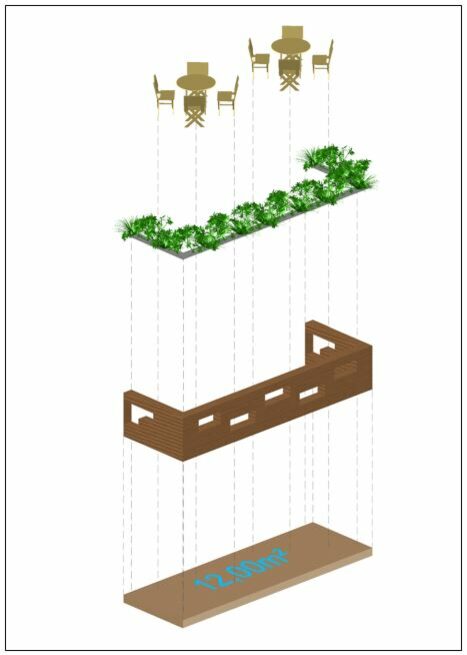 Ein Parklet steht mit den verschiedenen Elementen auf einer Grundfläche von zwölf Quadratmetern.