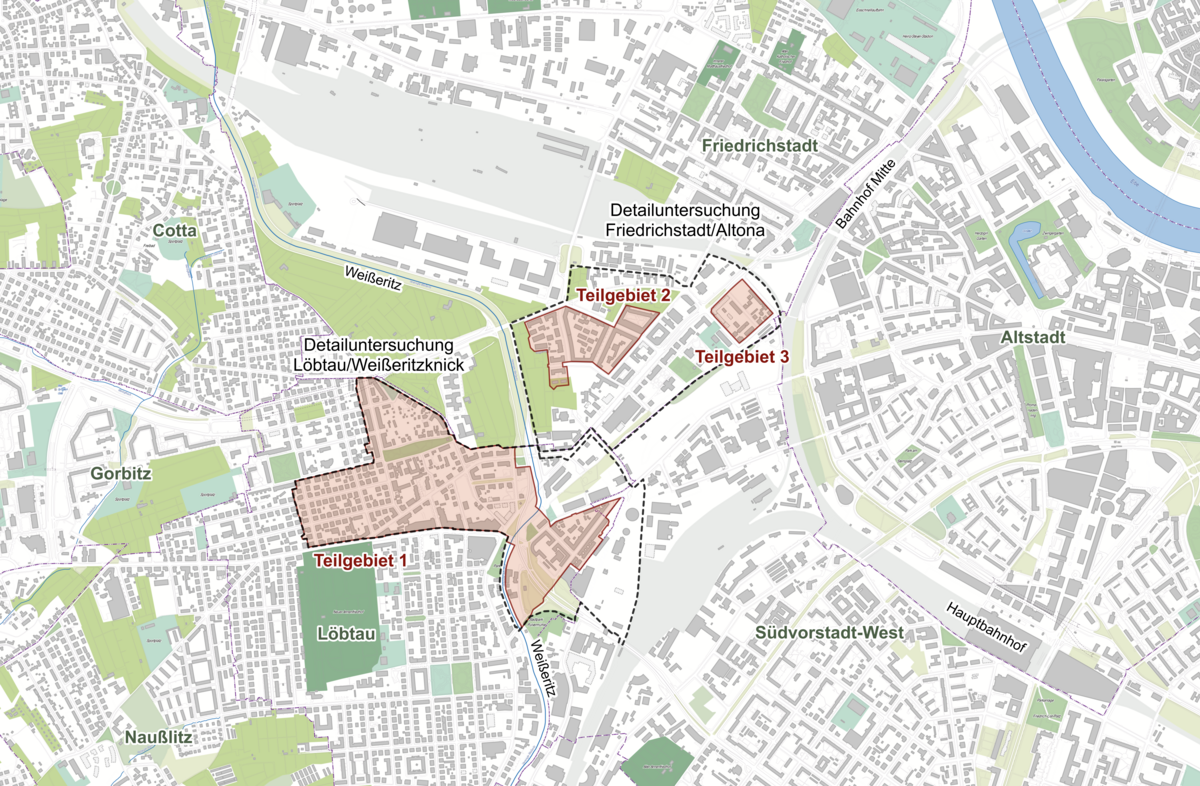 Zu sehen ist eine Karte mit den beiden eingezeichneten Untersuchungsgebieten Friedrichstadt/Altona und Löbtau Nord/Am Weißeritzknick.