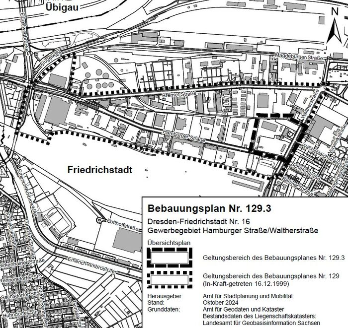 Im Bild ist der Geltungsbereich mit den eingezeichneten Grenzen des Plangebietes dargestellt. Es befindet sich direkt an Ecke Waltherstraße/Hamburger Straße im Stadttgebiet Friedrichstadt.