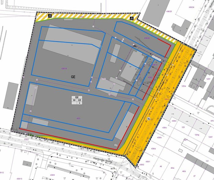 Im Bild ist der Rechtsplan des Plangebietes zu sehen. Direkt an der Kreuzung Hamburger Straße /Walther Straße liegt das Bebauungsgebiet.