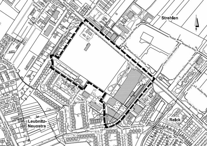 Im Bild ist der Geltungsbereich des Plangebietes dargestellt. Es befindet sich direkt im Stadtteil Dresden Strehlen an der Reicker Straße in unmittelbarer Nähe zum Otto-Dix-Quartier.