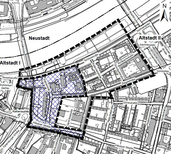 Im Bild ist der Geltungsbereich des Plangebietes dargestellt. Es befindet sich im Stadtgebiet Altstadt I zwischen Terrassenufer und der Pillnitzer Straße.