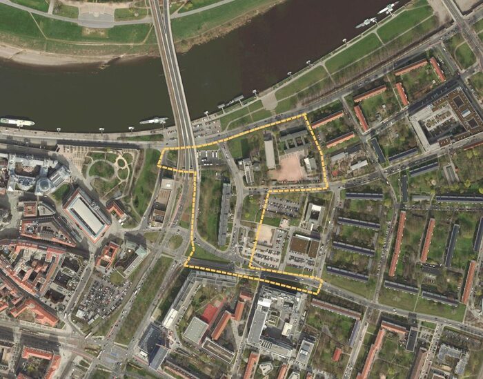 Im Bild ist das Luftbild des Plangebietes dargestellt. Es befindet sich im Stadtgebiet Altstadt I zwischen Terrassenufer und der Pillnitzer Straße.