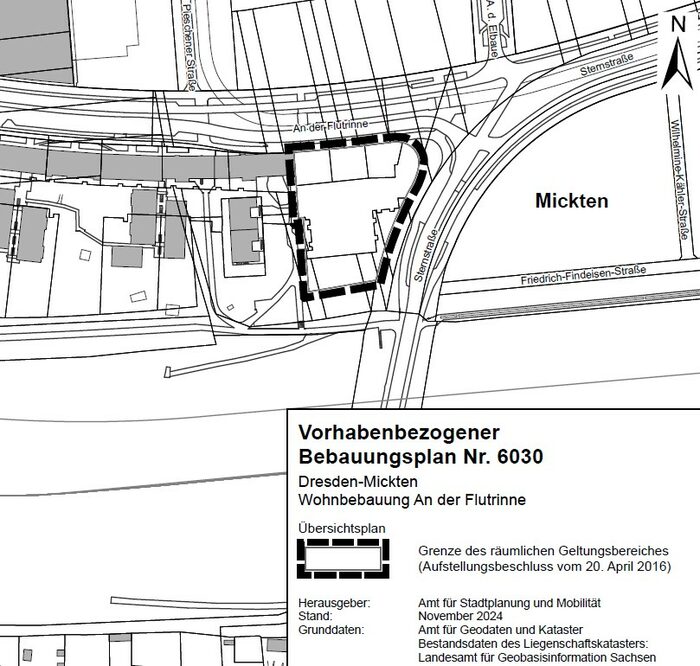 Im Bild ist der Geltungsbreich des Plangebietes dargestellt. Es befindet sich im Stadteil Micktenn direkt am Kreuzungsbereich zwischen Sternstraße und An der Flutrinne Die Planfläche ist für Bebauung vorgesehen.