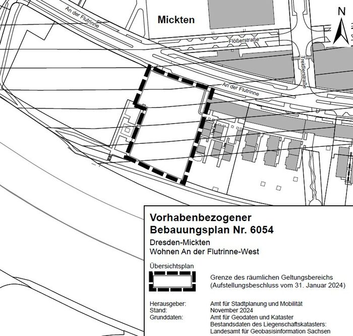 Im Bild ist der Geltungsbereich des Plangebietes dargestellt. Es befindet sich im Stadteil Micktenn direkt am Kreuzungsbereich zwischen Sternstraße und An der Flutrinne Die Planfläche ist für Bebauung vorgesehen.