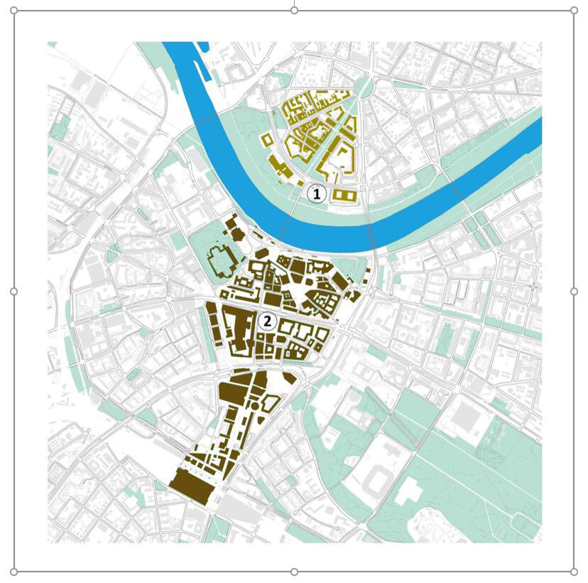 Abgebildet ist eine Karte der Dresdner Innenstadt. Darauf sind die beiden Gebiete Innere Neustadt (Gebiet 1) und Altstadt (Gebiet 2) für die genaue Verortung markiert.