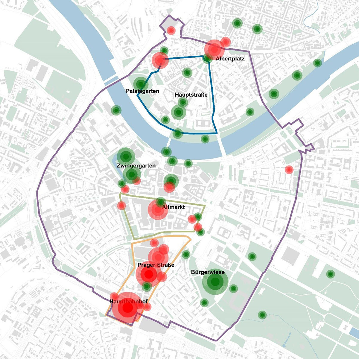 Die Grafik zeigt die Gesamtheit aller verteilten grünen und roten Punkte für Wohlfühl- und Nicht-Wohlfühlorte in der Innenstadt bei den Vor-Ort-Befragungen. Die violette Linie zeigt den sogenannten 26-er Ring zur Orientierung.