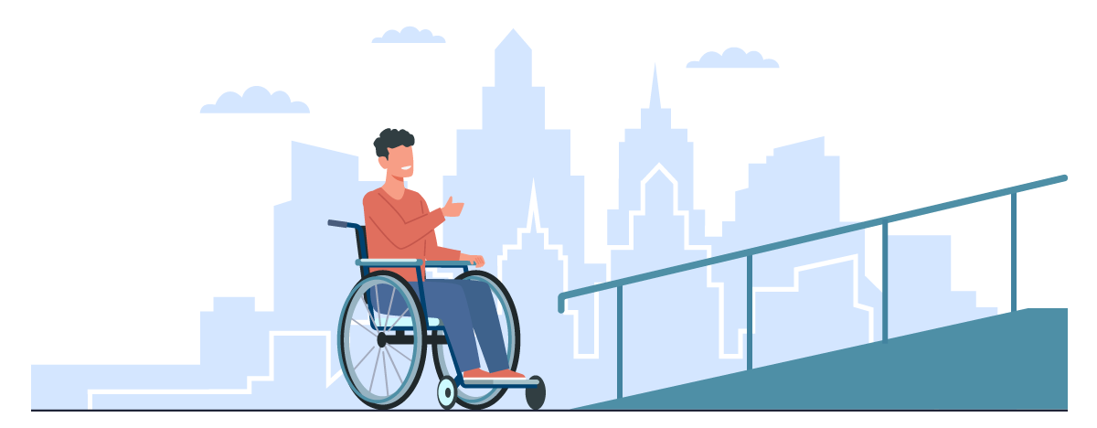 Illustration mit Rollstuhlfahrer vor einer Rampe