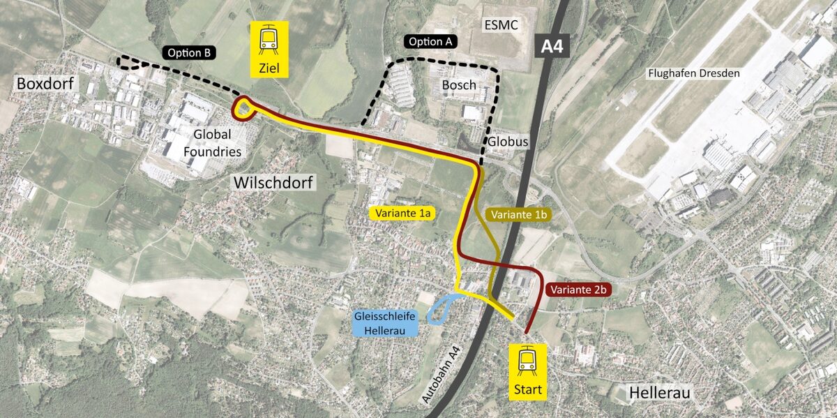 Karte mit möglichen zukünftigen Streckenführungen für die Straßenbahnlinie 8