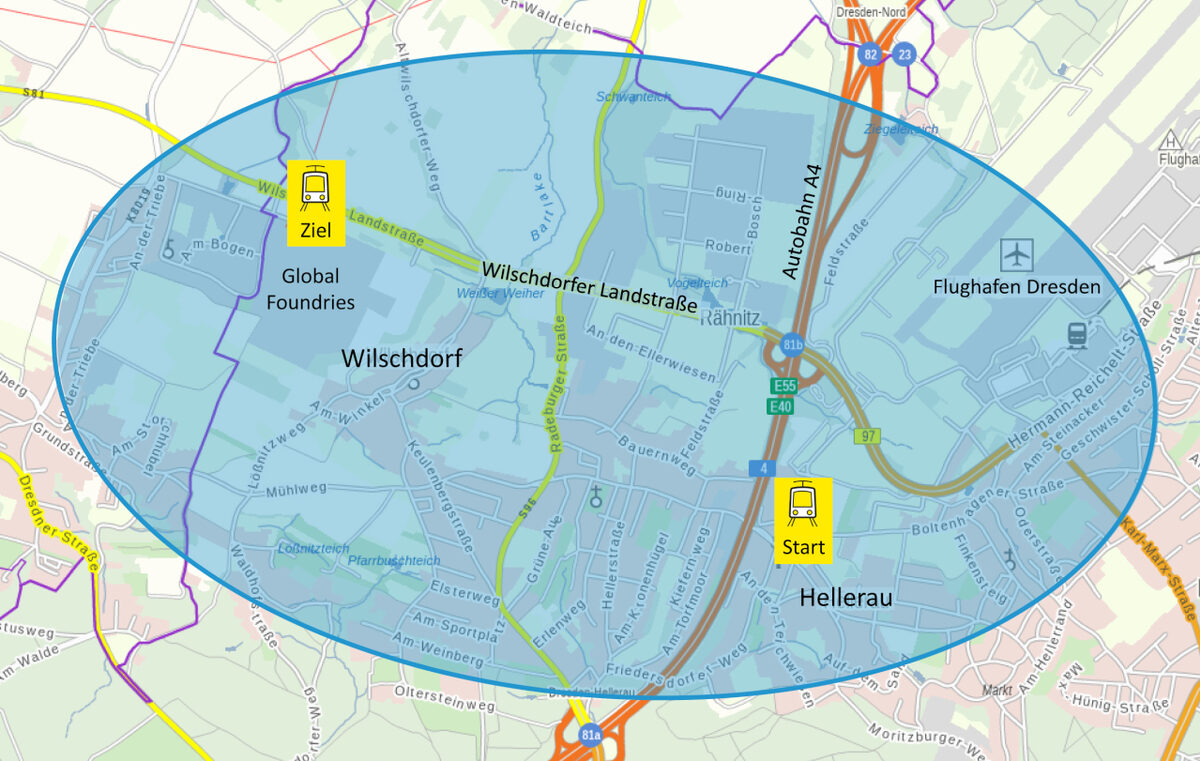 Untersuchungsgebiet im Stadtteil Hellerau/Wilschdorf für die Verlängerung der Straßenbahnlinie 8