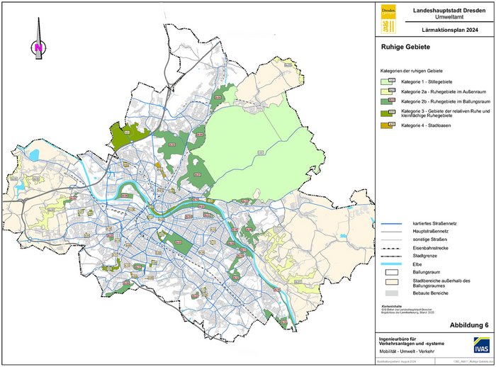 Stadtkarte von Dresden in schwarz-weiß und mit grünen Flächen, die ruhige Gebiete in Dresden sind.