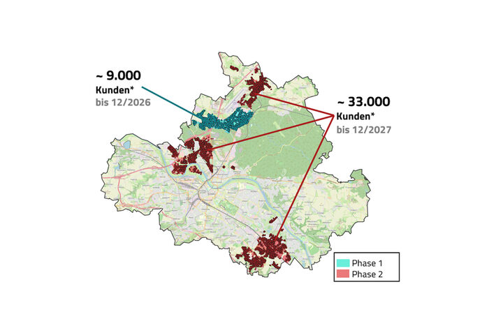 Karte der SachsenEnergie mit den Ausbau-Phasen für Glasfaser in Dresden