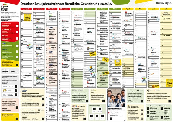 Kalender-Spalten von August bis Juli mit der Überschrift "Dresdner Schuljahreskalender Berufliche Orientierung 2024/25