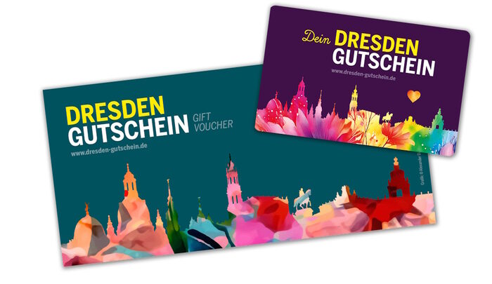 Der Dresden-Gutschein als wiederaufladbare Gutscheinkarte und als Papiergutschein mit Festbetrag.