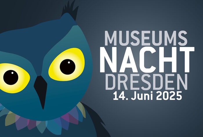 Das Logo der Museumsnacht Dresden ist eine blaue Eule. Die Veranstaltung findet am 14.6.2025 statt.