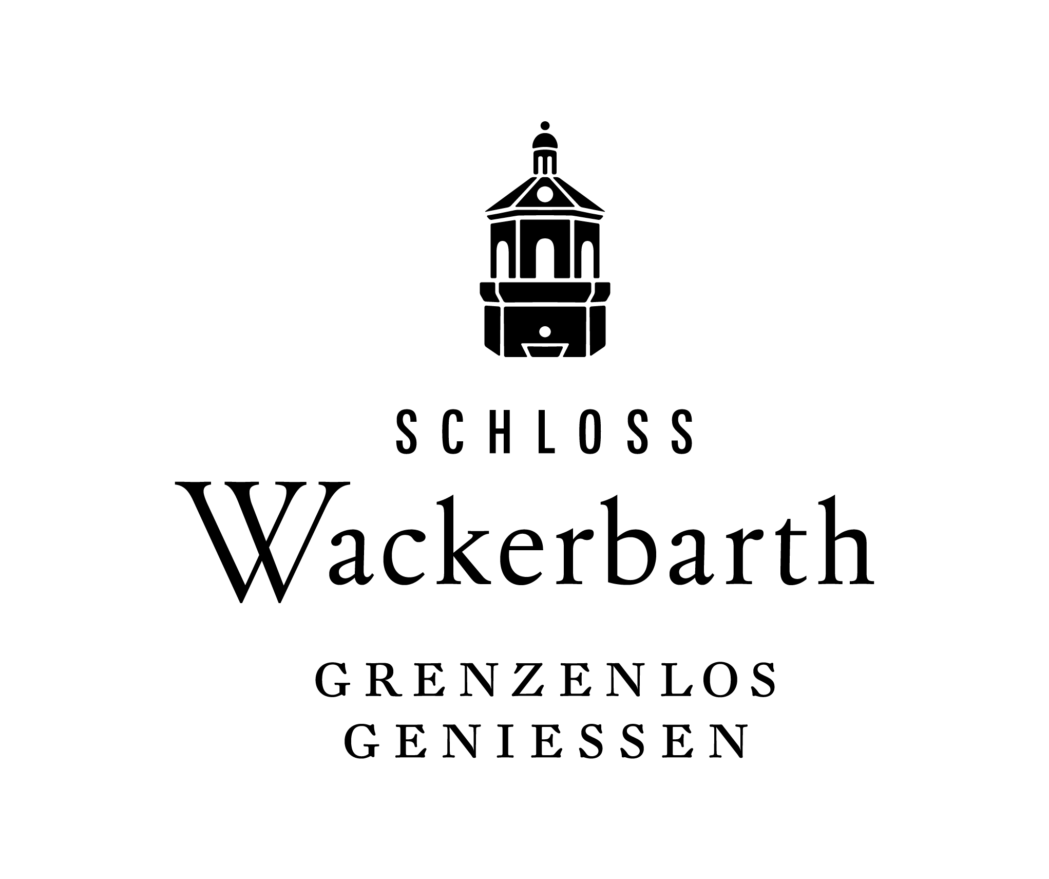 Logo von Schloss Wackerbarth in weiß mit schwarzer Schrift und dem Umriss vom Belvedere.