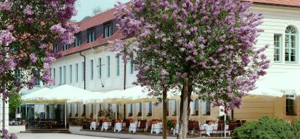 Außenaufnahme des Hotels mit Terrasse und Sitzgelegenheiten. Daneben stehen blühende Bäume.