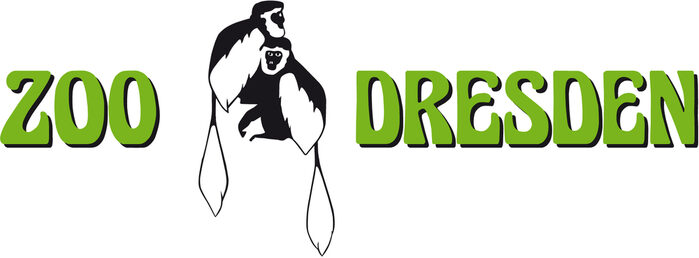 Logo vom Zoo Dresden mit zwei aneinander sitzenden Mandrillen auf weißem Hintergrund. Links und rechts von den Tieren steht in grüner Schrift Zoo Dresden.